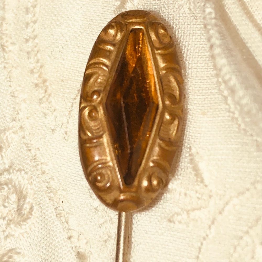 Antique Gold Yellow Rhinestone Hat Lapel Caveat Stick Pin Victorian Vintage